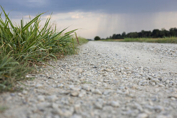 Gravel road stretches through green grass under an overcast sky during the late afternoon hours