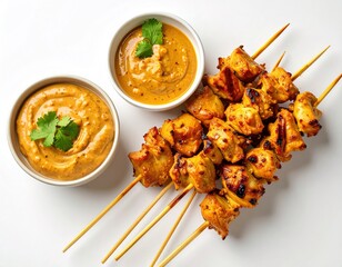 Flat lay close-up of delicious grilled chicken satay skewers with creamy peanut sauce in bowls, artfully arranged on a white background, a classic Asian appetizer