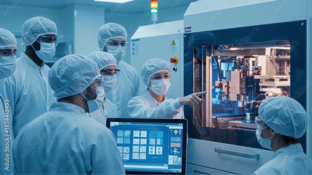 Poster diverse team of cleanroom technicians collaborate around photolithography station to optimize microc