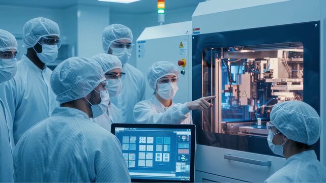 Diverse team of cleanroom technicians collaborate around photolithography station to optimize microchip patterning process in fab environment.