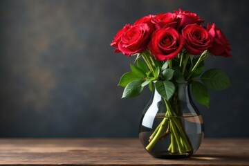 Black glass container holding long-stemmed red roses in water, flowers, decorative, water