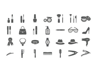 Obraz premium Style Icons Array: A meticulously crafted array of stylish fashion icons showcases a variety of elegant accessories and essentials, offering a visual representation of style, beauty and adornment.
