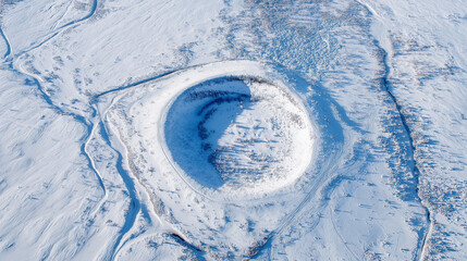 An aerial view of a perfect circular crater, showcasing geological formation, symmetry, natural patterns, and dramatic landscape aesthetics.