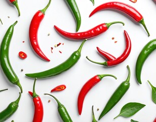 A vibrant close-up flat lay of red and green chili peppers, sprinkled with flakes for that extra spicy kick