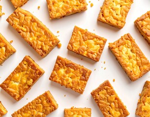 Flat lay close-up of golden brown fried tempeh pieces arranged on a clean white background, showcasing their crispy texture and savory appeal as a delicious vegan snack or side dish