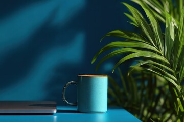 Blue Mug with Plant on Stylish Workspace