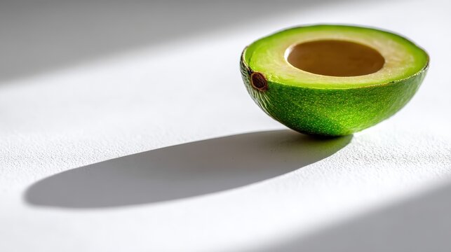 Fresh avocado half casting a shadow on white background