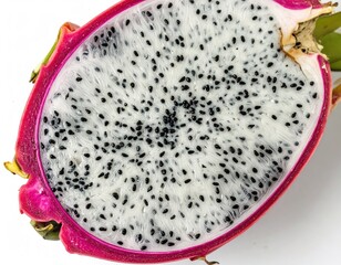 Exotic flat lay close-up of a freshly halved dragon fruit, revealing its vibrant white pulp and numerous tiny black seeds, isolated on a clean background