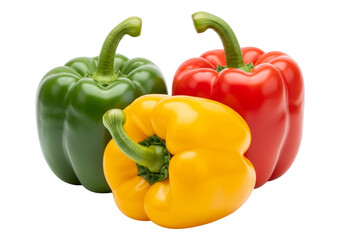 Three fresh and unblemished bell peppers are arranged red, yellow, and green bell peppers, Bell pepper Organelle Stuffed peppers Chili pepper Vegetable, black pepper, naturalist in white background, 