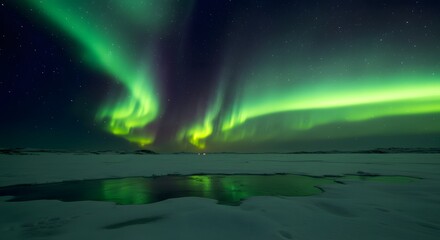 Naklejka premium Arctic Aurora Borealis: Vibrant Green Lights Reflecting on Icy Winter Lake at Night
