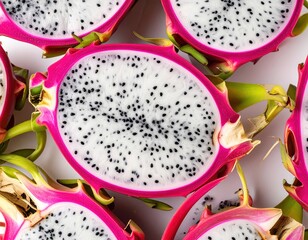 Close-up flat lay of vibrant dragon fruit halves. Exotic pink skin, creamy white pulp, and tiny black seeds create a fresh, healthy, and visually stunning tropical food display