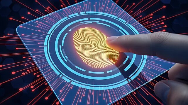 Glowing Orange Fingerprint Scan with Blue Digital Border and Hand Action