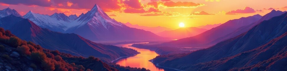 Obraz premium Sunrise paints abstract peaks and a winding river valley in vibrant hues , river, purple