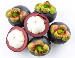 Fresh Mangosteen Flat lay close-up of exotic fruit with a pure white background, culinary delight