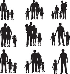 create Silhouetted families of various sizes, including couples, parents with children, and siblings, depicted in a flat vector style against a white background.