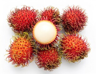 Close-up of fresh, ripe rambutans with a hairy exterior, isolated against a pristine white backdrop