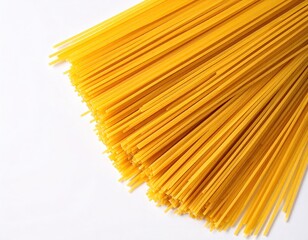 Close-up of uncooked spaghetti pasta arranged in a bundle on a pure white background, a culinary staple