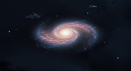Obraz premium Two spaceships fly past a swirling spiral galaxy