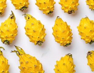 A vibrant close-up flat lay of bright yellow dragon fruits arranged on a clean white background, showcasing their unique texture and color