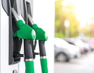 Gas pumps at a station with cars in the background
