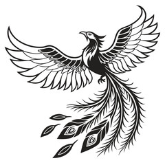 Majestic black and white phoenix in flight with flowing tail feathers