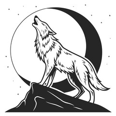 Majestic wolf howling at the crescent moon on a starry night
