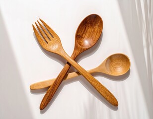 Wooden cutlery for sustainable dining, including a fork, spoon, and small spoon, set against a neutral background with dappled light
