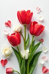 Fototapeta premium Elegant red tulips with hearts surrounded by white roses in a minimalist setting on a white background, heart arrangement, flower arrangement, floral design