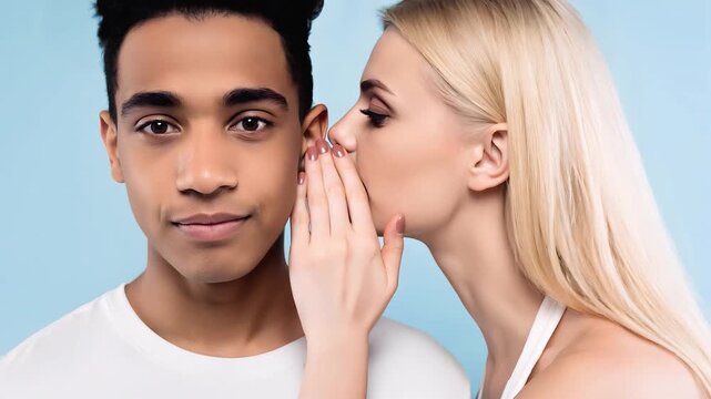 Blonde woman whispering secret into man&rsquo;s ear. Gossip, confidentiality, communication, and sharing private information concept with friends.