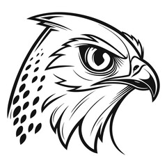 Stylized black and white line art illustration of a fierce falcon s head