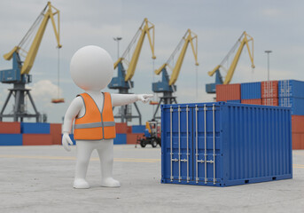 3D character in safety vest pointing at shipping container in port