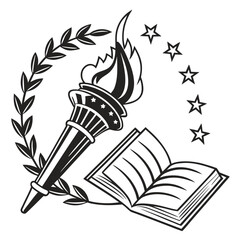 Symbol of knowledge and enlightenment torch book laurel wreath and stars