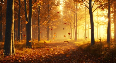 Golden Autumn Forest Path: Serene Sunlight, Falling Leaves, Magical Atmosphere