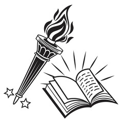 Torch of knowledge illuminating an open book with stars