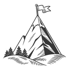 Triumphant flag planted atop a snowy mountain peak symbolizing achievement and success
