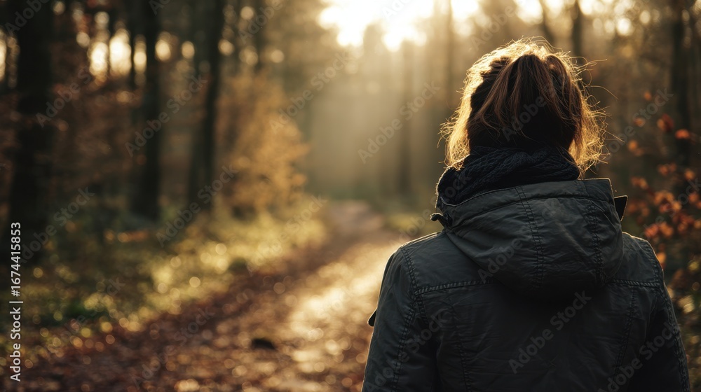 Poster a contemplative figure standing on a sundappled forest path slightly out of focus background embodyi