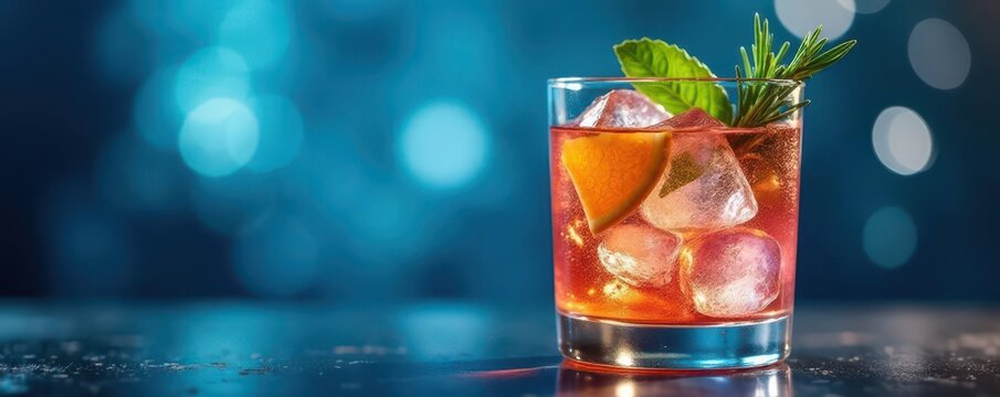 Blue and white bokeh, rosemary-garnished drink in glass , alcohol, image