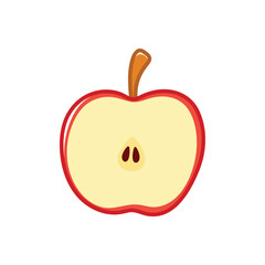 Hand drawn illustration of A halved red apple with a stem and seeds, showing the inner core.