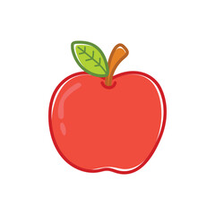 Cartoon hand drawn illustration of a red apple with a green leaf and brown stem.
