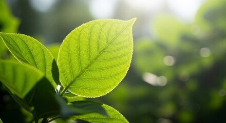 Close-up of vibrant green leaves bathed in sunlight, showcasing intricate leaf veins and a soft, natural bokeh background.