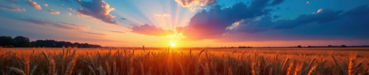 Naklejka premium Deep twilight blue sky, golden wheat field, autumn harvest , image, calm