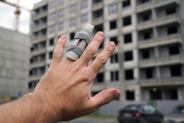 Construction worker showing injured finger with splint in front of building. a man's hand with an...