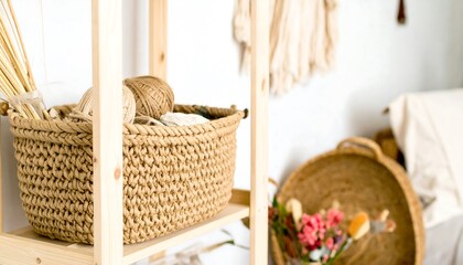 Wooden shelf with woven basket