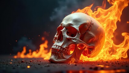 Skull surrounded by flames with smoke rising from its surface, burning relic, inferno, skulls