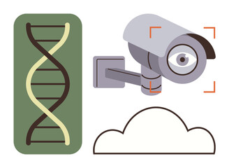 DNA helix, surveillance camera with focus frame, and cloud outline exploring biotech security, privacy, and data storage. Ideal for technology, privacy, biotech, security surveillance cloud