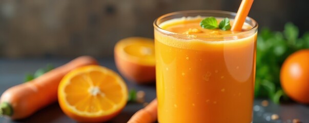 Close-up of colorful carrot orange smoothie in a clear glass with a straw ,  glass,  orange
