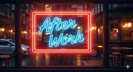 Neon sign with "After Work" on a pub window.