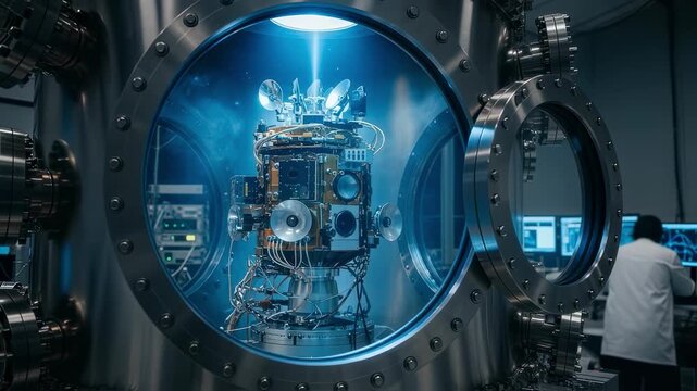 Weather satellite sensor positioned in a vacuum chamber exposed to low pressure to assess operational stability beyond Earths atmosphere.