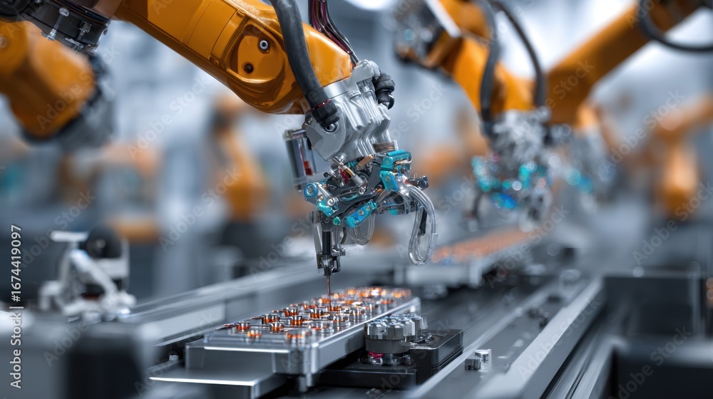 Aufkleber detailed view of robots inserting rivets into eyewear frames showcasing hightech precision while bac