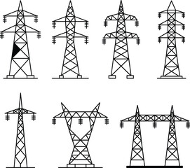 Set of eight electrical transmission tower icons, power line structures, high voltage towers, energy infrastructure, electricity pylons, industrial power grid symbols